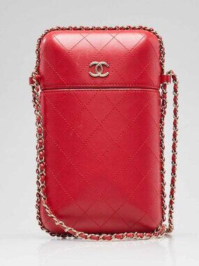 Chanel Red Quilted Lambskin Leather Phone Holder with Chain Bag